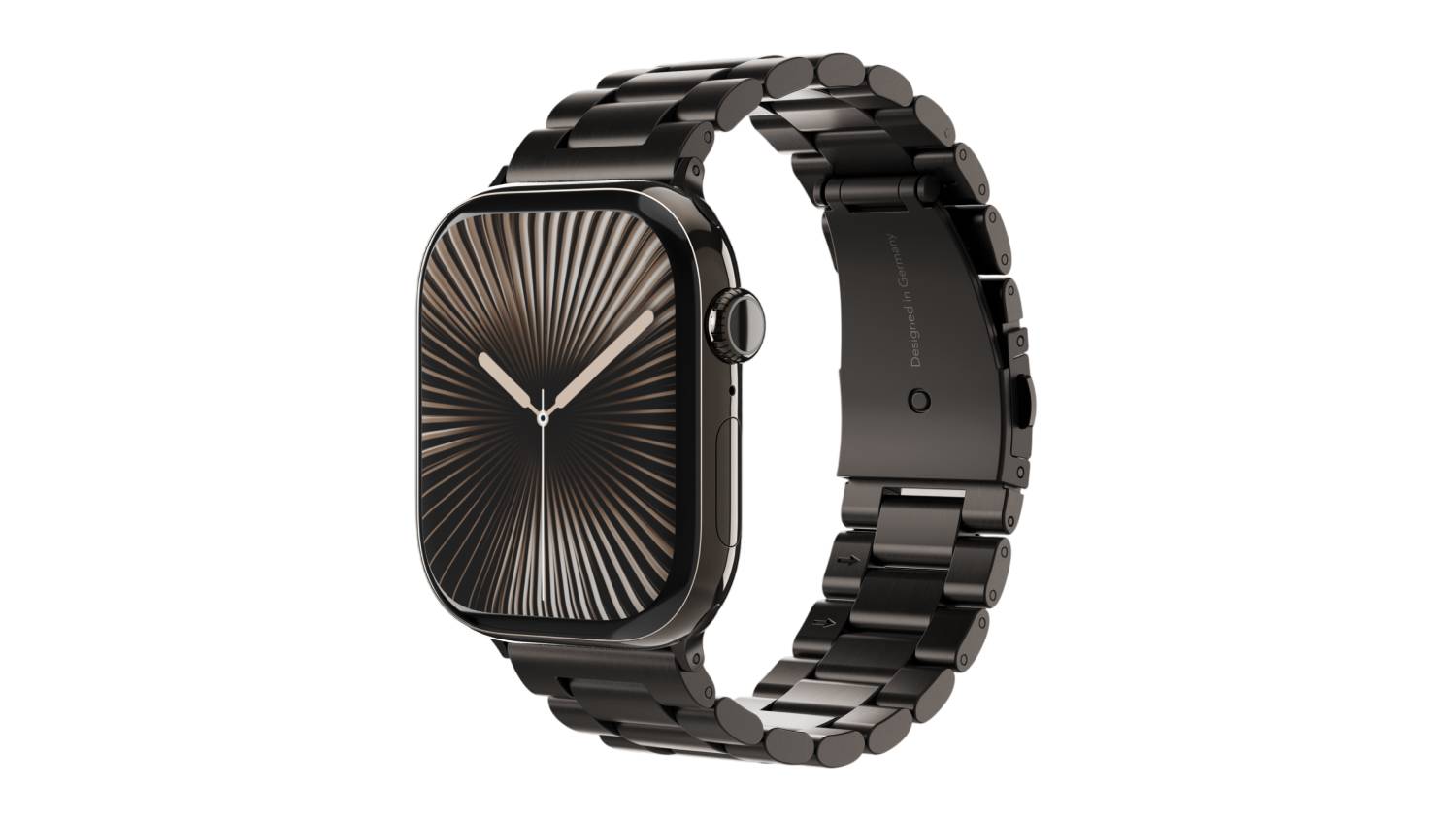 Apple Watch with a dark grey metal link band, angled to highlight the large rectangular display