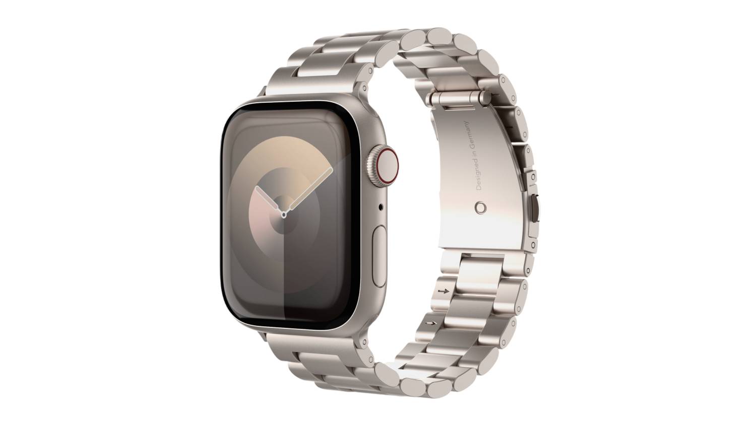 Apple Watch with a champagne-colored metal link band, angled to showcase the large rectangular display