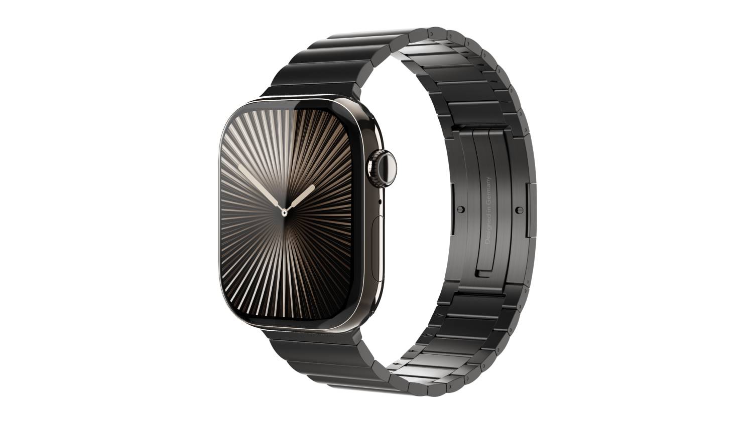 Apple Watch with granite grey Link Pro metal band, angled to highlight the brushed finish