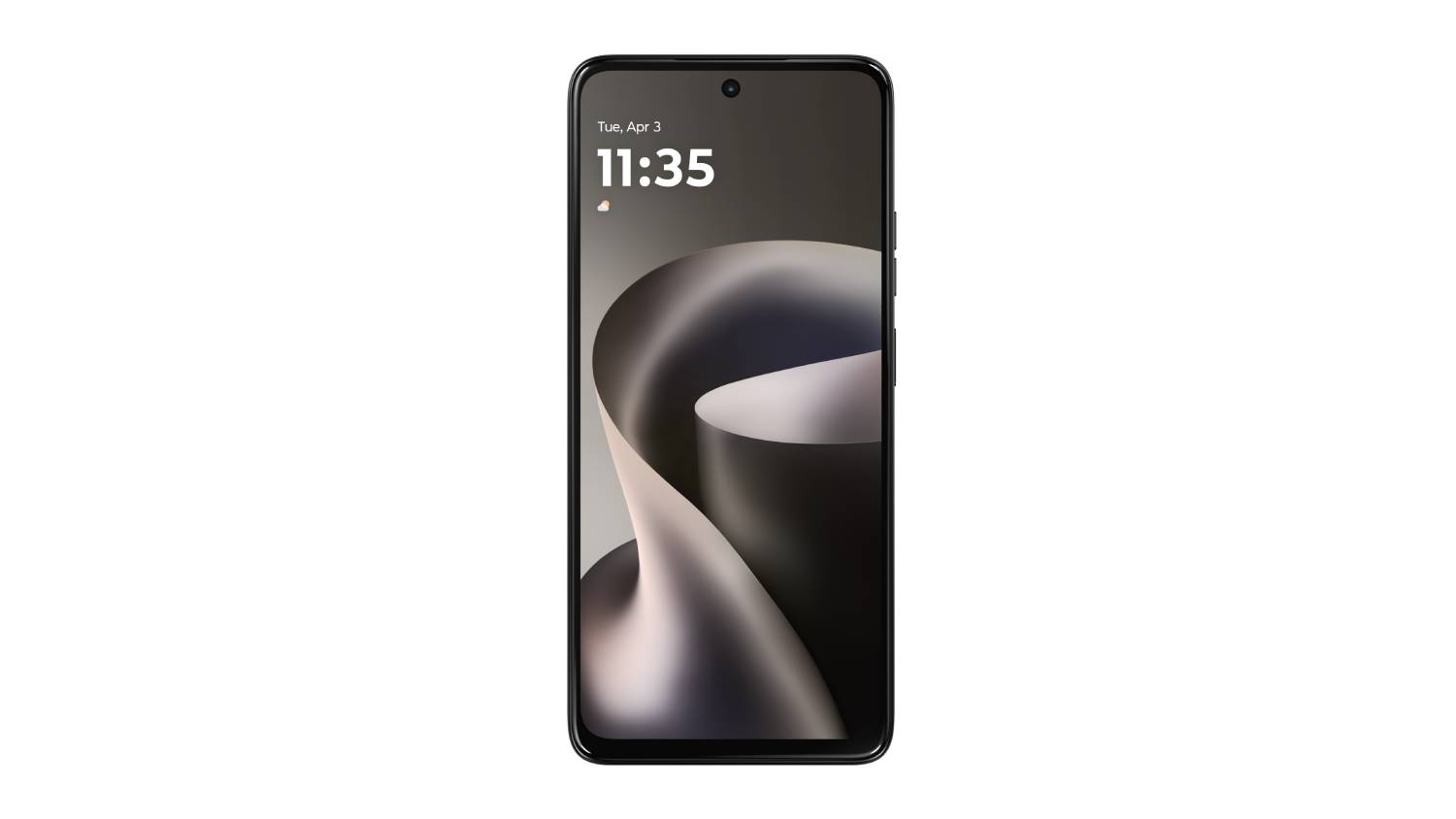 Front view of Motorola Moto G37 5G smartphone in grey, displaying an abstract grey and black swirl wallpaper