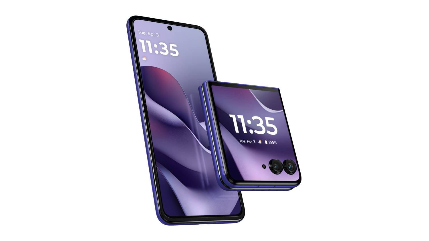 Motorola Razr 70 in Orient Blue shown partially folded, displaying the main inner screen and large external cover screen