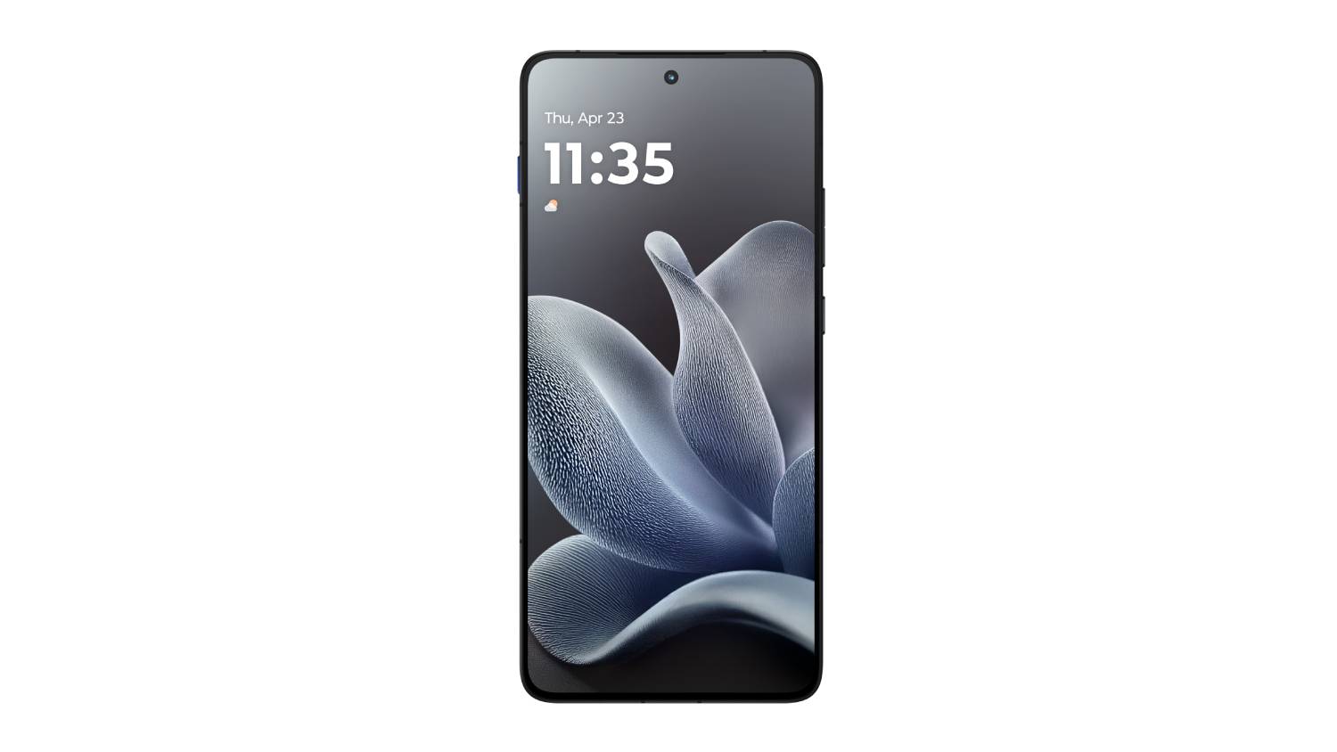 Front view of Motorola Edge 70 5G in grey, showing a curved-edge display with a centred punch-hole camera