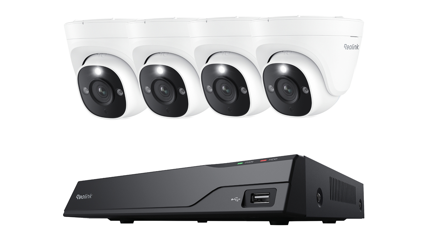 A black and white Reolink NVS8-8MD4 8 Channel 2TB NVR System with 4 4K 8MP Indoor/Outdoor Wired Security Cameras