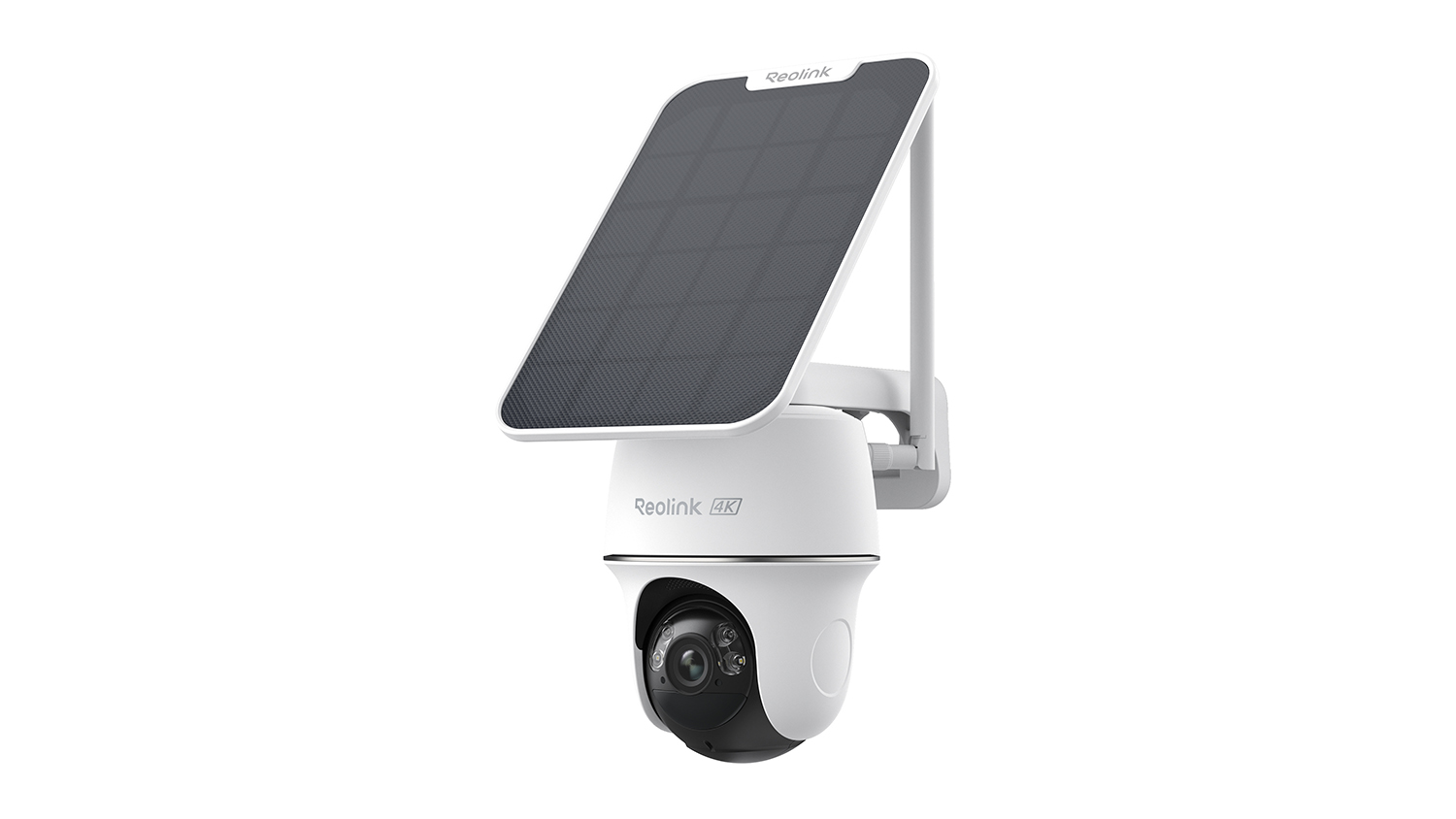 A black and white Reolink Argus PT Ultra B440 4K 8MP Wireless Pan & Tilt Standalone Solar/Battery Camera with Spotlights