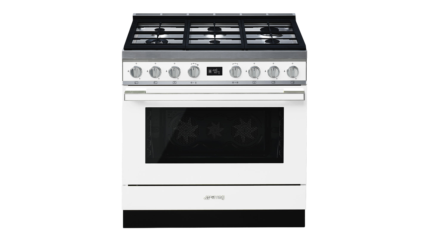 Front view of the Smeg Portofino 90cm Dual Fuel Freestanding Oven with 6 Burner Gas Cooktop in white finish