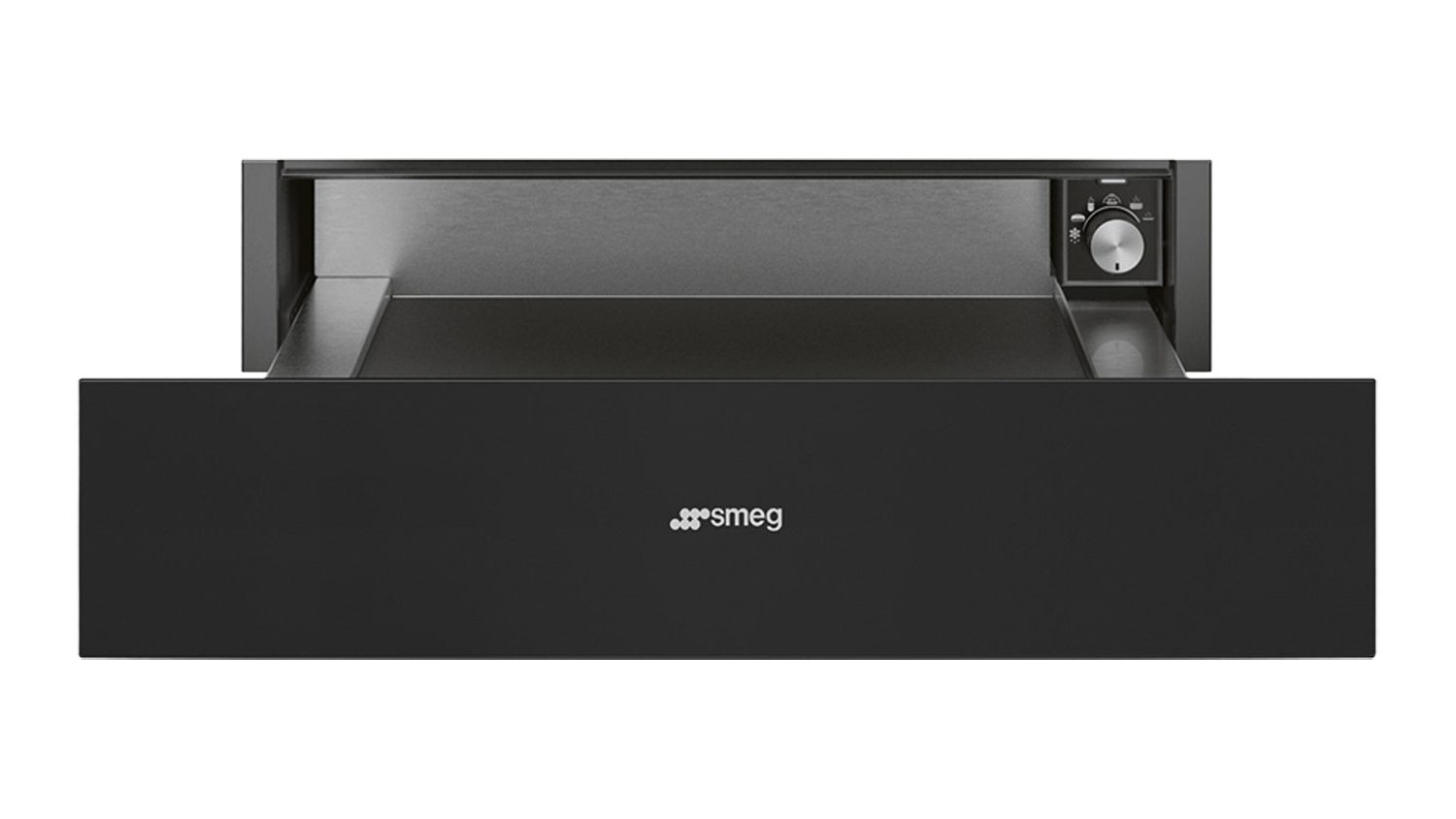 Black SMEG Classic 15cm built-in warming drawer, front view with open compartment and control knob on the right