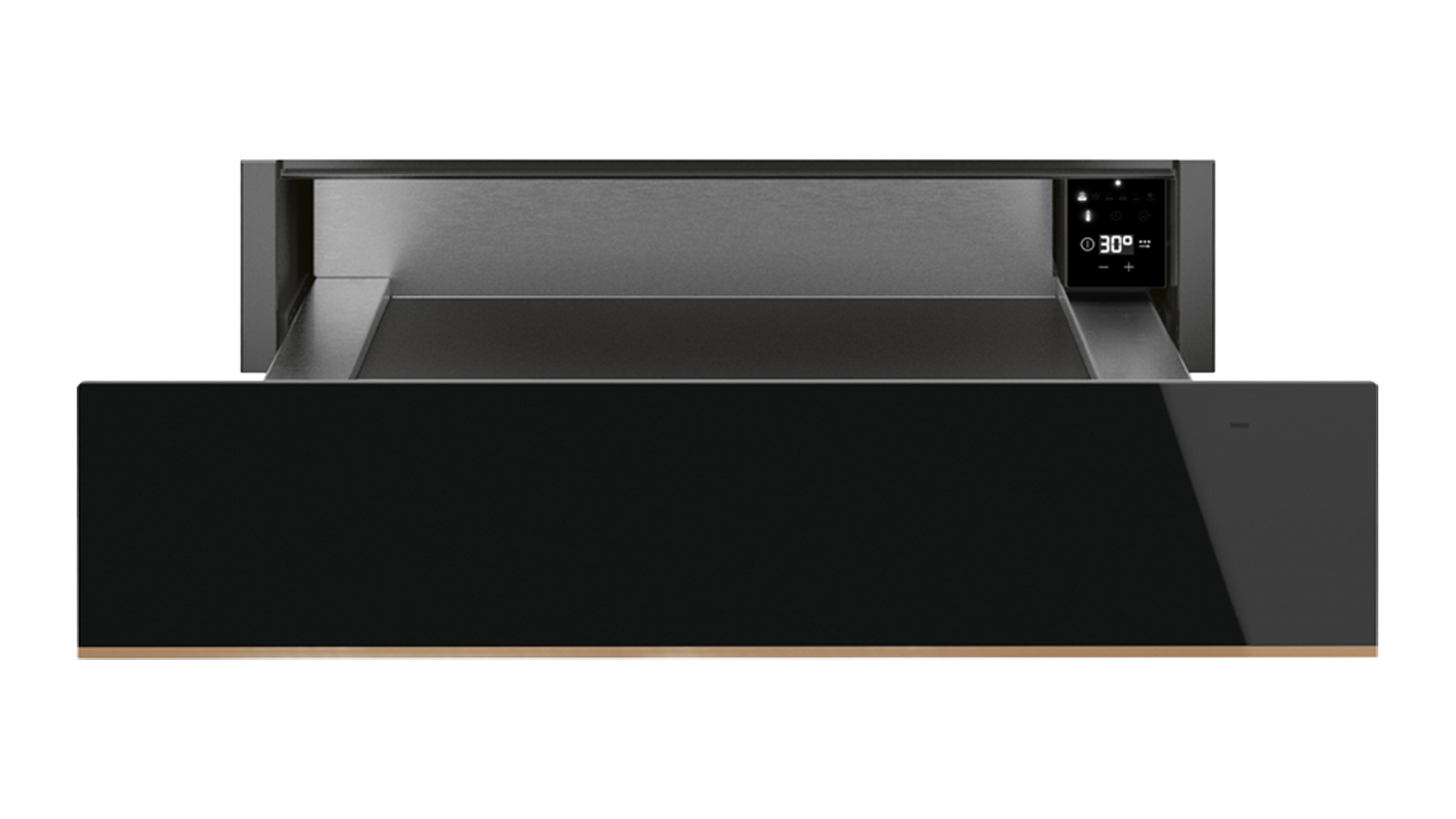Front view of a sleek built-in black oven with a pull-out tray and a digital display showing the temperature on the right