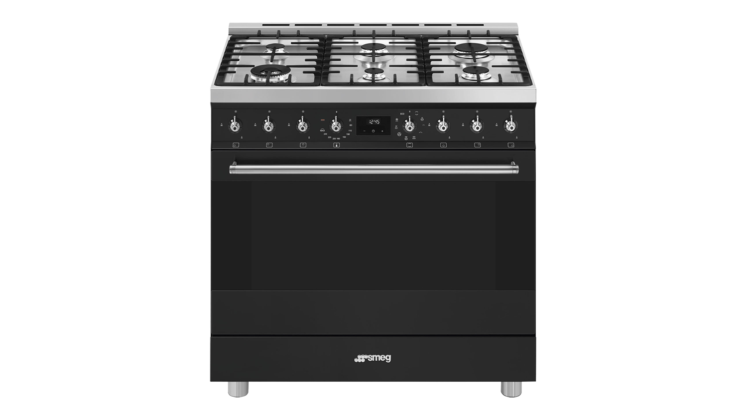 Front view of the Smeg Classic 90cm Dual Fuel Freestanding Oven with 6 Burner Gas Cooktop in matte black finish