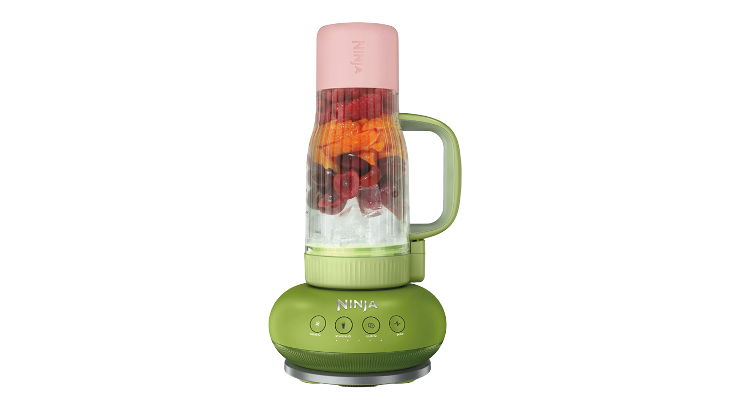 Ninja BlendBOSS Tumbler Blender with a green base and pink cap, filled with cherries and ice ready to blend