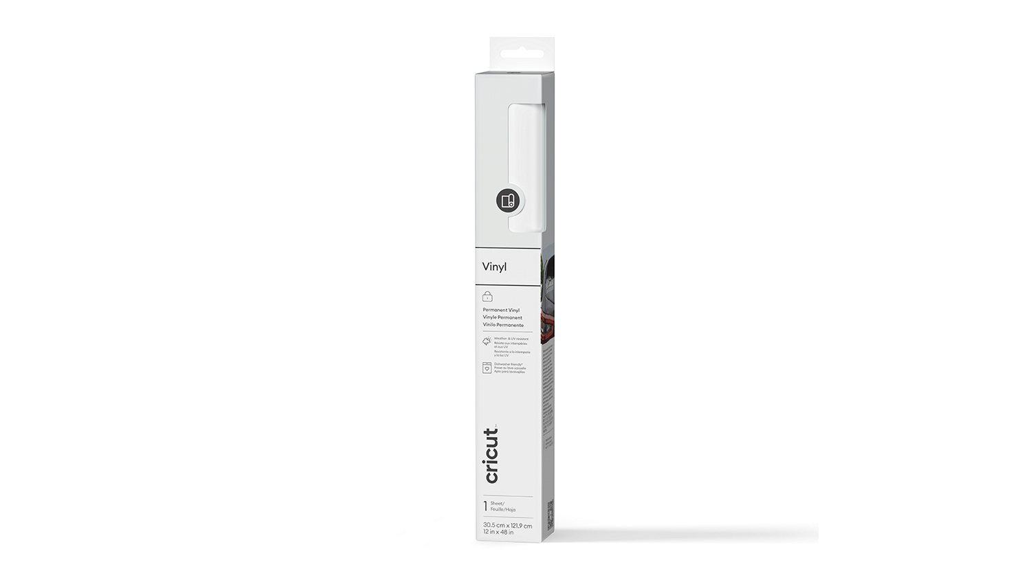 Retail box of the Cricut Premium Vinyl 12" x 48" showcasing its tall, rectangular shape