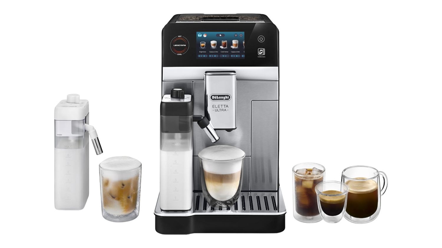 Front view of an espresso machine with multiple coffee drinks