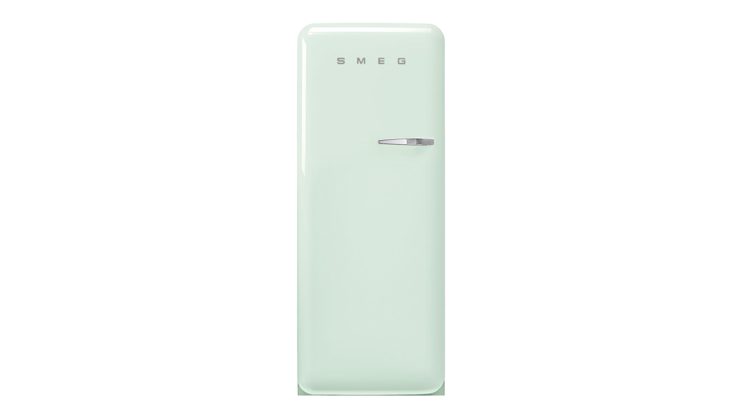 Front view of the Smeg 50s Style 270L Single Door Vertical Fridge Freezer in pastel green colour