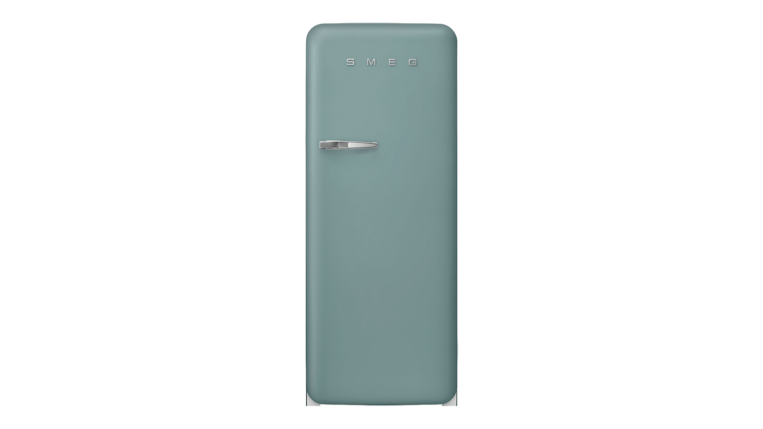 Front view of an SMEG 50s-style refrigerator with a chrome handle