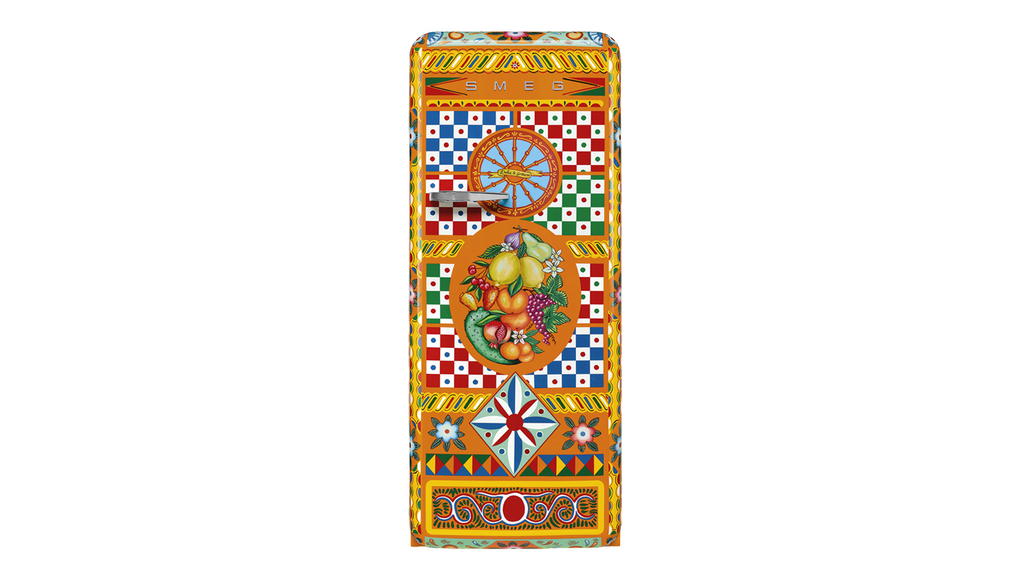 Colourful SMEG appliance with Italian-style patterns, a fruit motif, and a retro rotary dial
