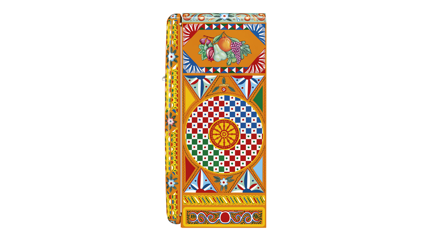 Front of a colourful SMEG appliance with a geometric tile pattern and a floral diamond design in red, blue, green, and yellow