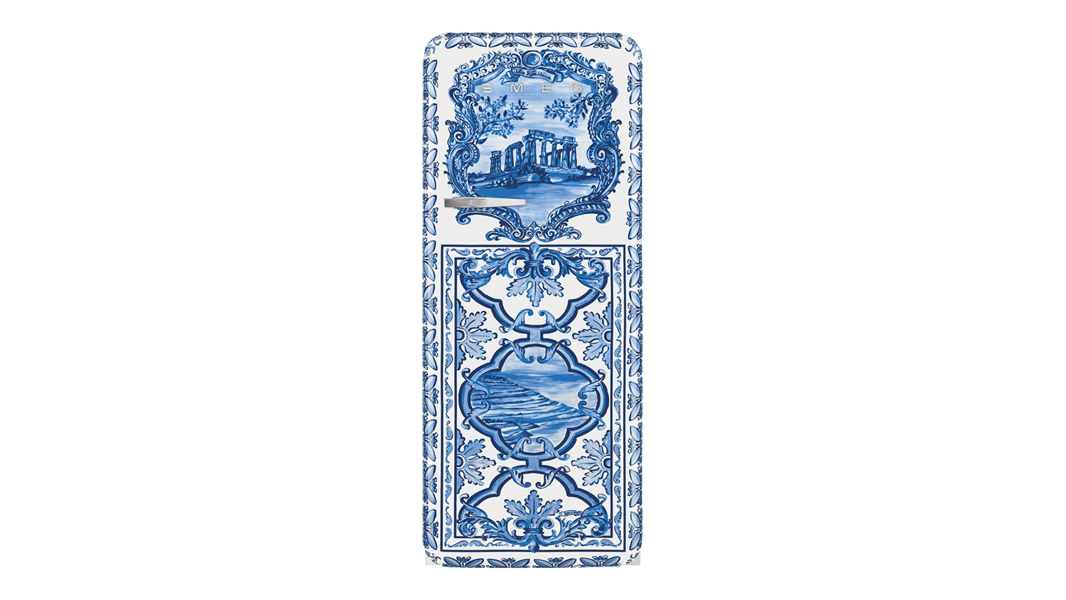 Blue-and-white Smeg 50s-style 270L single-door fridge with an ornate tile design and illustration of classical ruins
