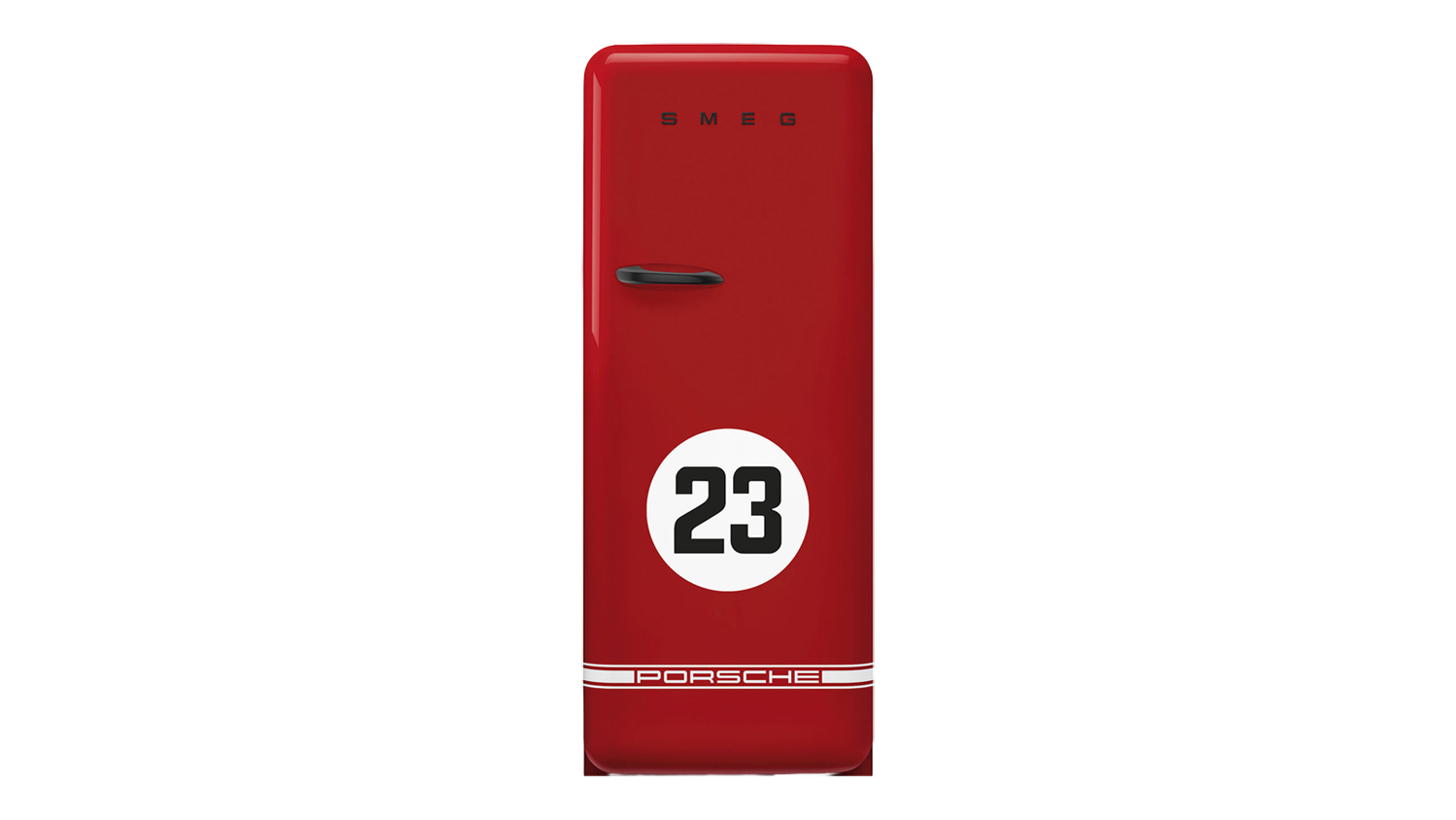Front view of the Smeg 50s Style 270L Single Door Vertical Fridge Freezer with Porsche branding