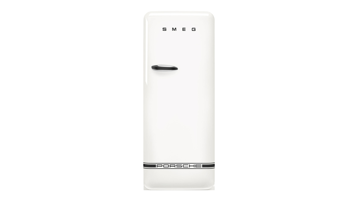 Front view of the Smeg 50s Style 270L Single Door Vertical Fridge Freezer with Porsche branding