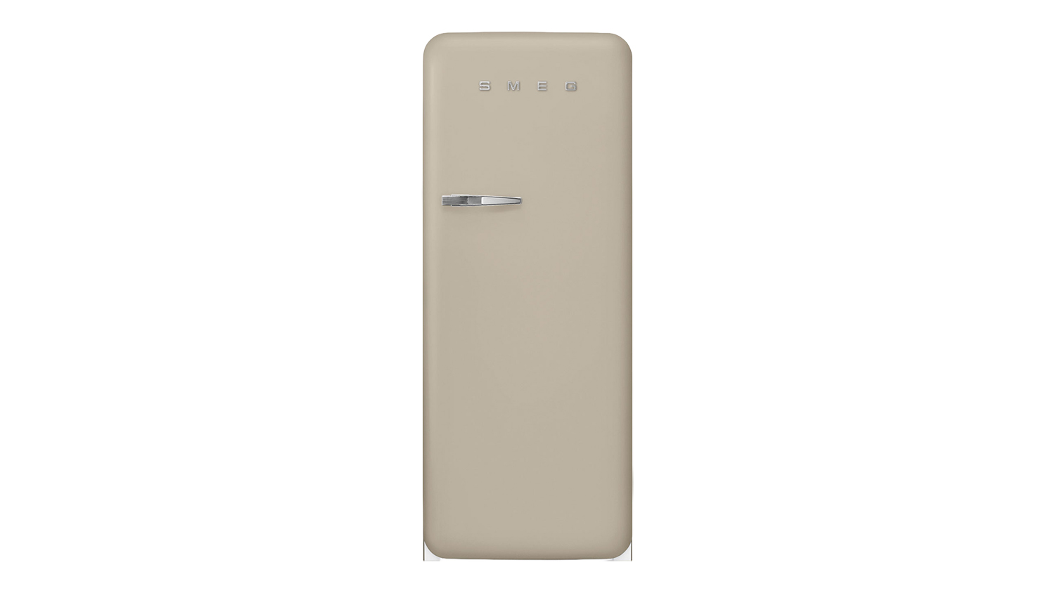 Beige SMEG 50s-style refrigerator, front view with chrome handle and logo