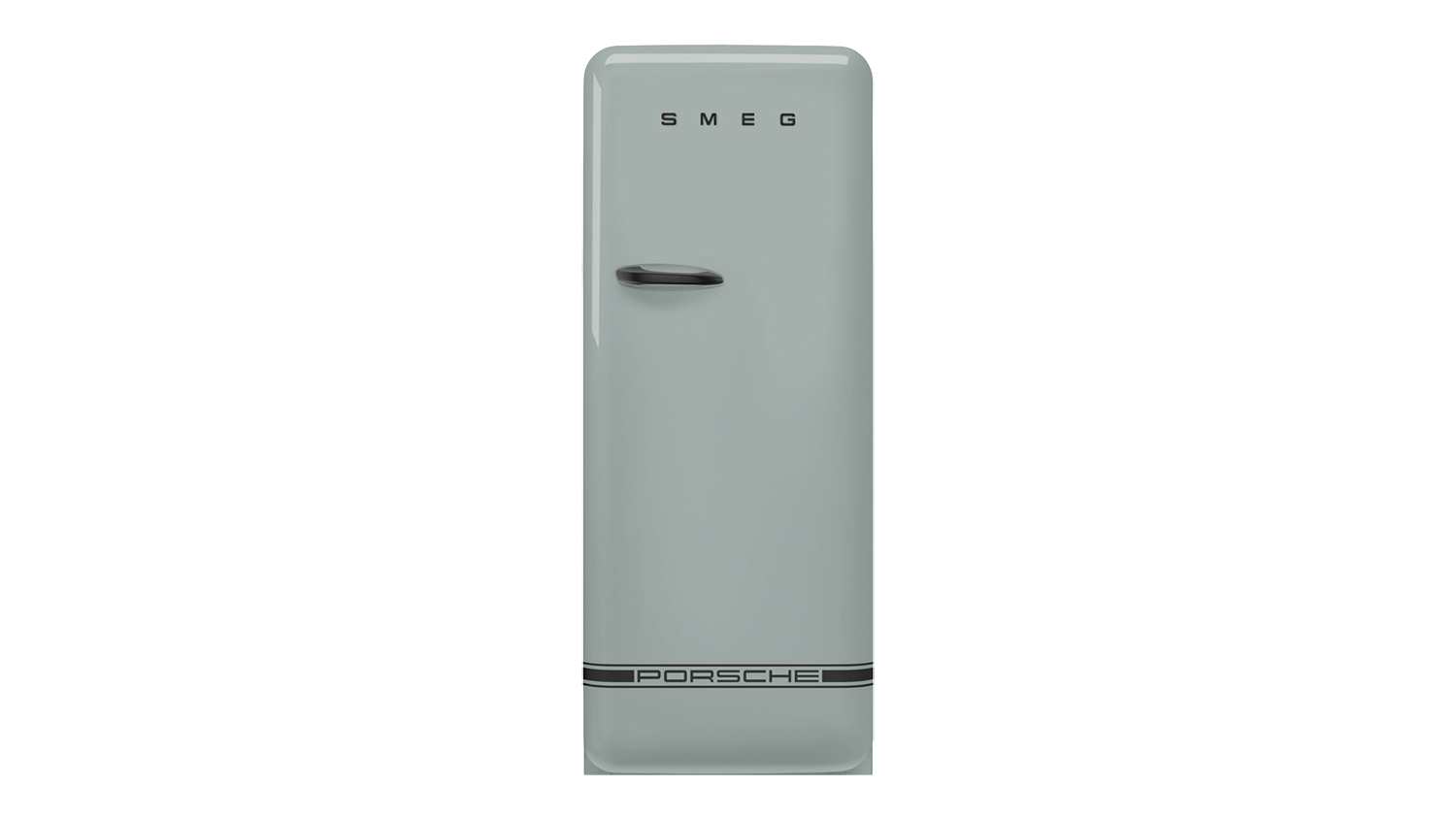 Front view of the Smeg 50s Style 270L Single Door Vertical Fridge Freezer with Porsche branding