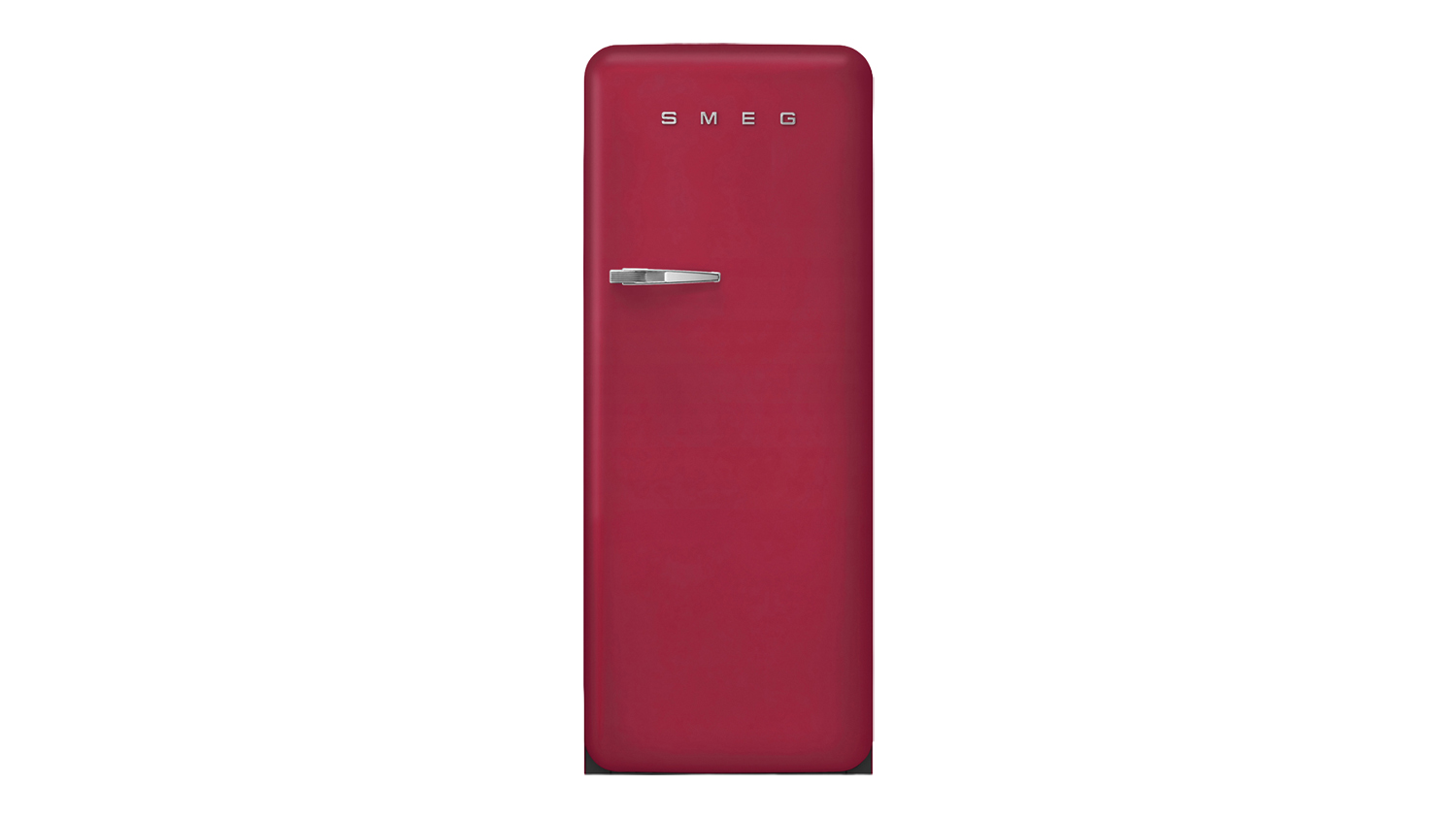 Front view of a red SMEG 50s-style refrigerator with a chrome handle