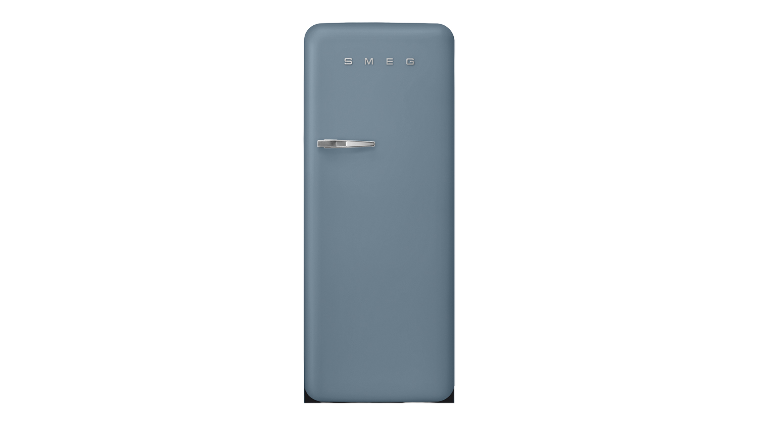 Front view of a blue Smeg 50s-style refrigerator with a chrome handle and logo