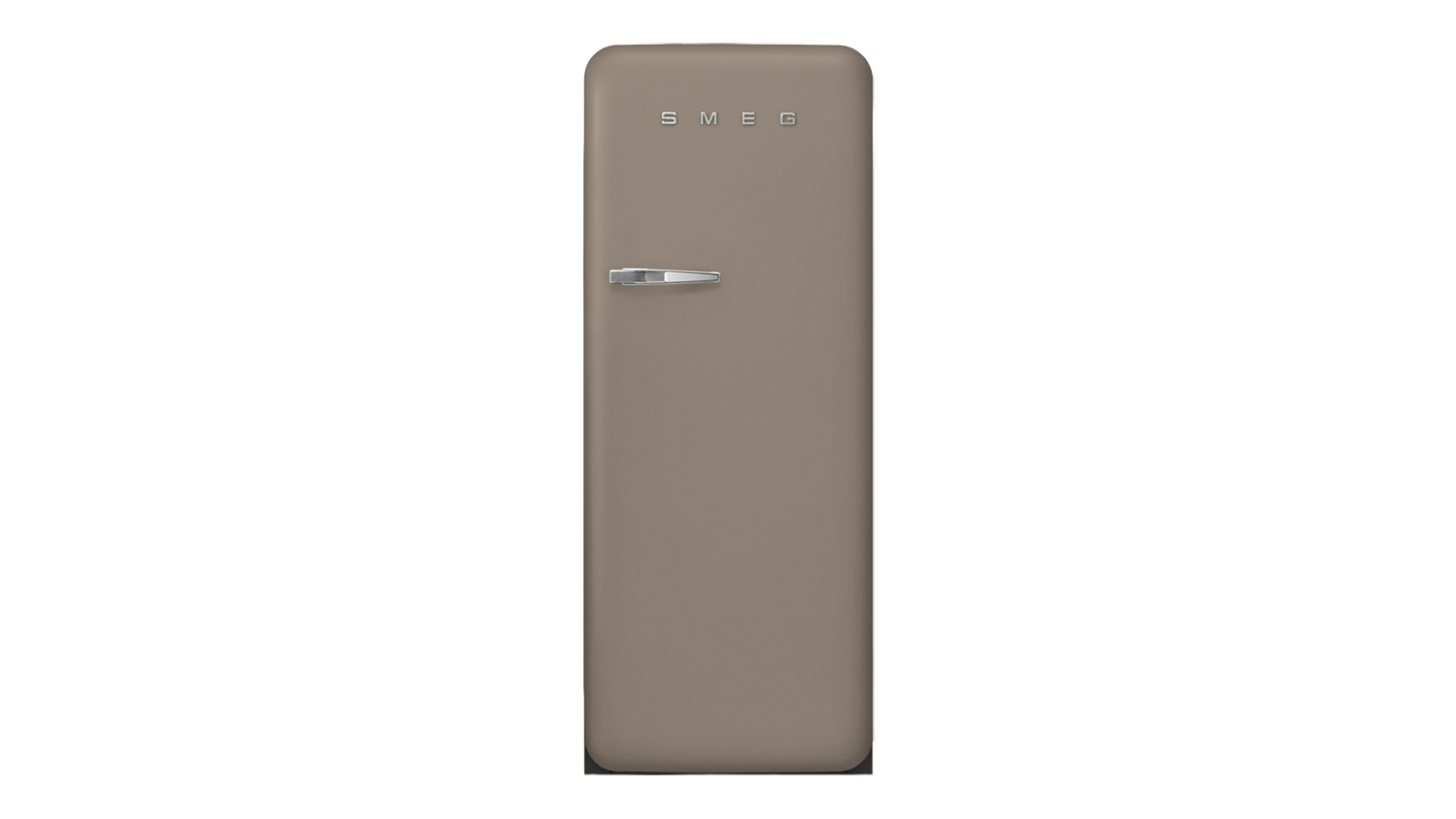 Front view of a taupe SMEG 50s Style 270L single-door refrigerator with a chrome handle and logo