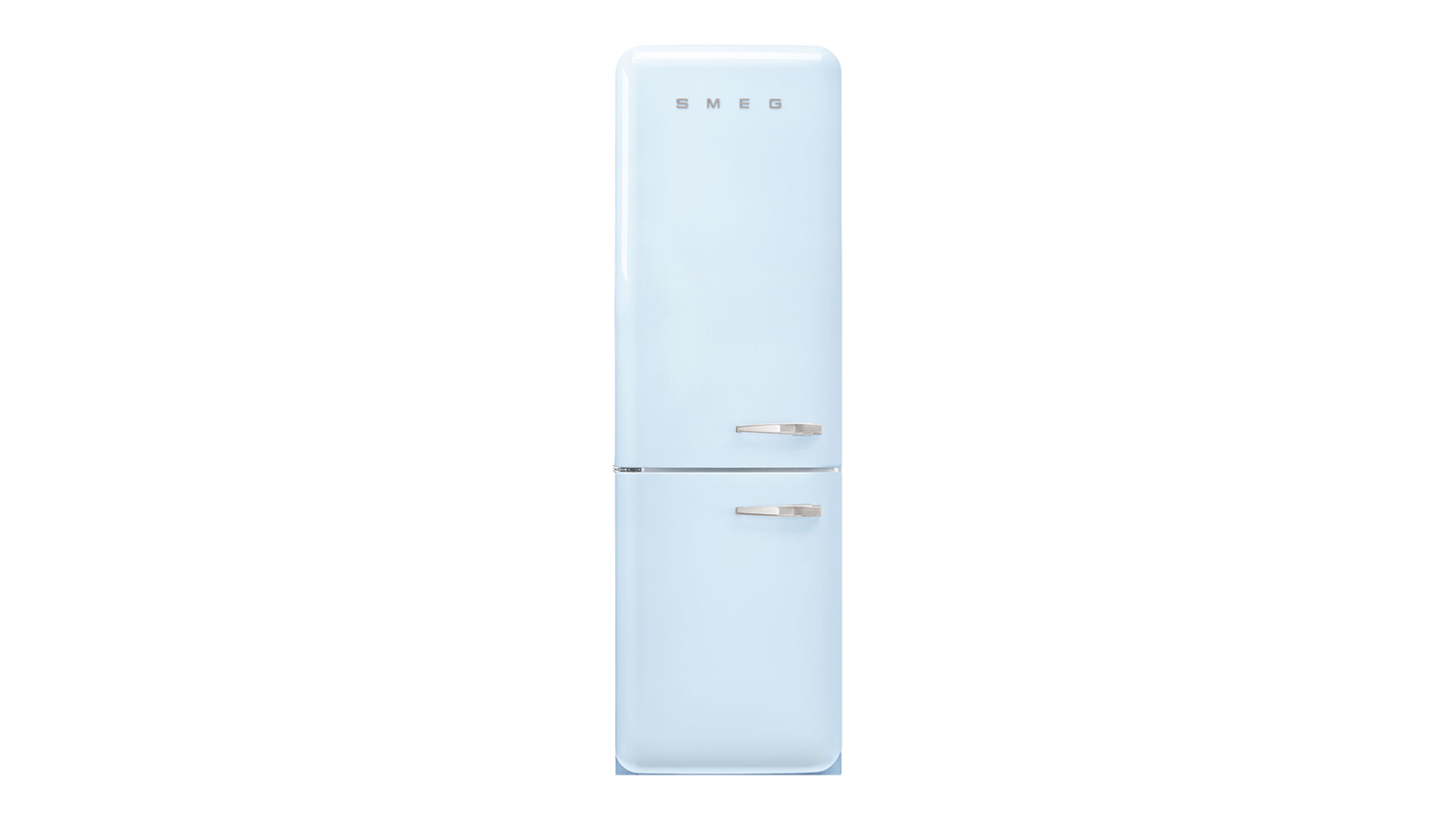 Front view of the Smeg 50s Style 331L Bottom Mount Fridge Freezer in pastel blue colour
