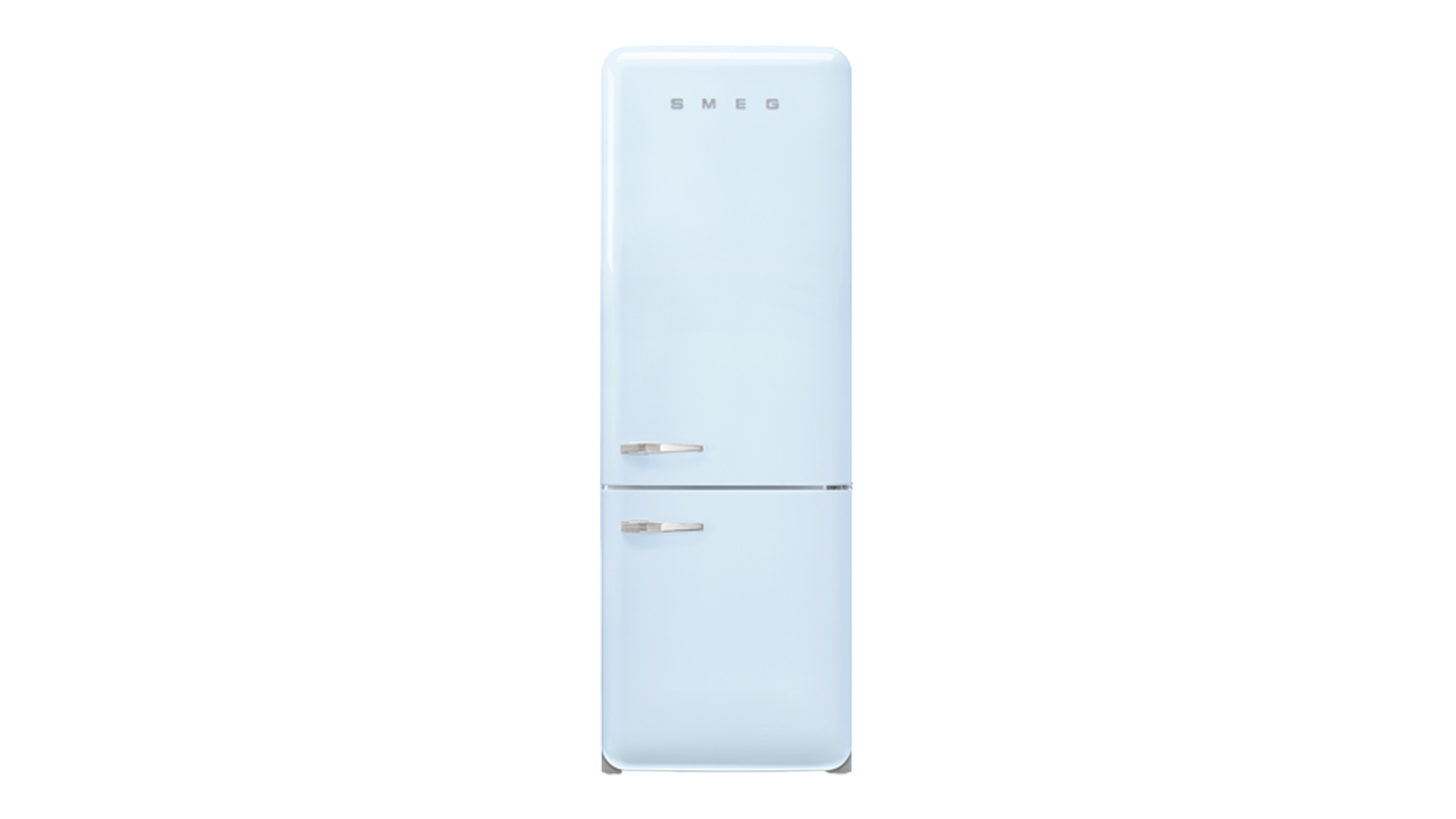 Front view of Smeg 50s Style 481L Bottom Mount Fridge Freezer in pastel blue finish