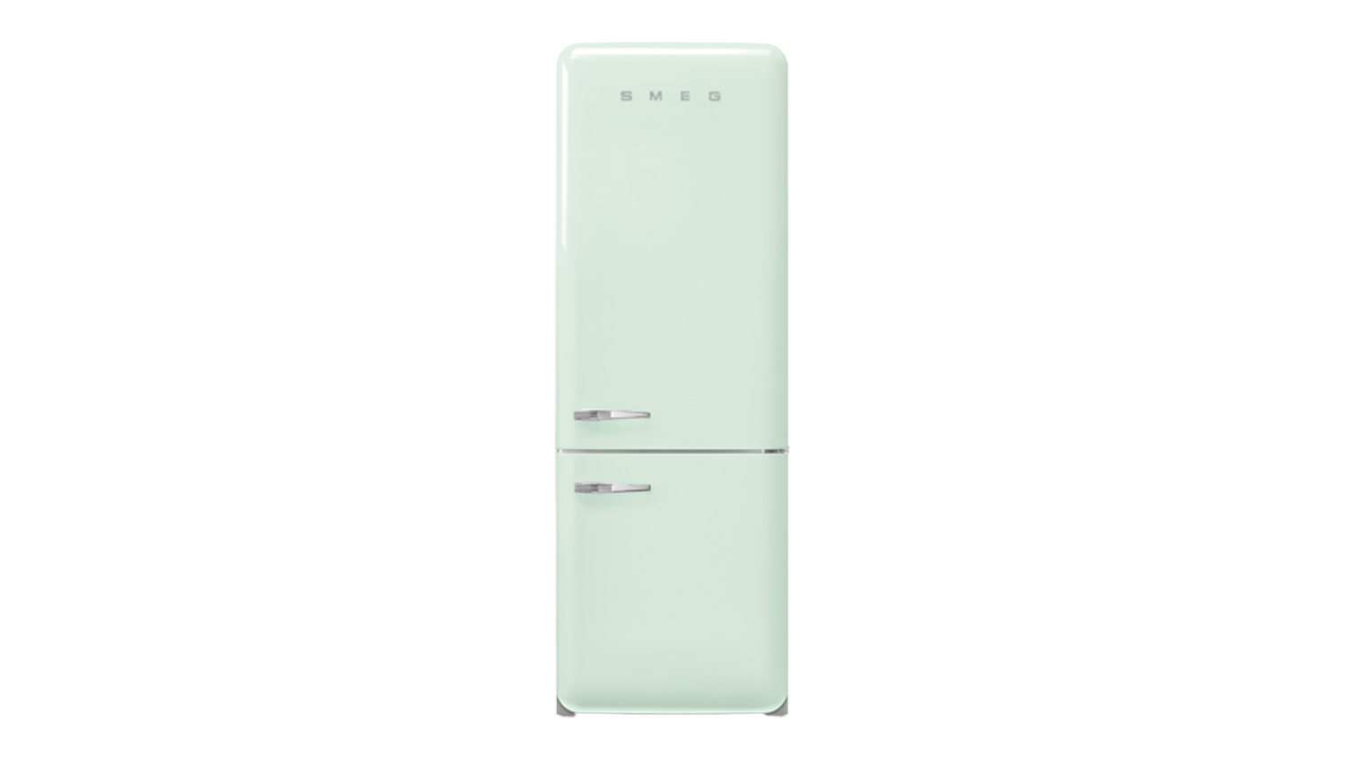 Front view of Smeg 50s Style 481L Bottom Mount Fridge Freezer in pastel green finish