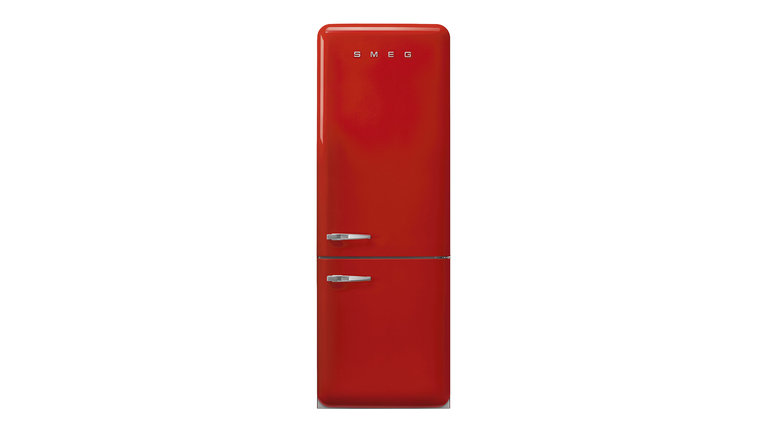 A front view of a closed Smeg 50s Style 481L Bottom Mount Fridge Freezer in red finish