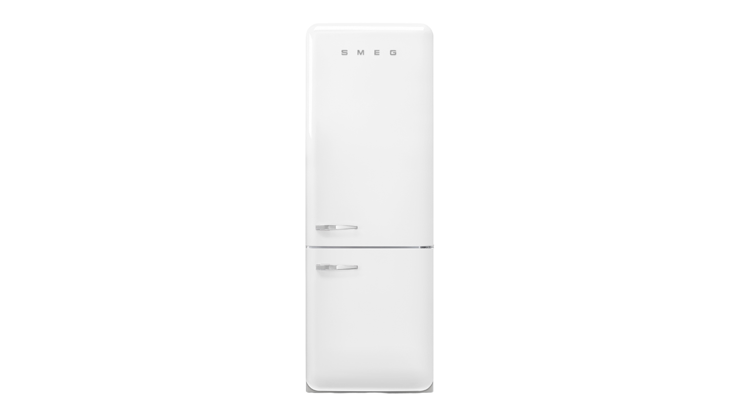 A front view of a Smeg 50s Style 481L Bottom Mount Fridge Freezer in white finish