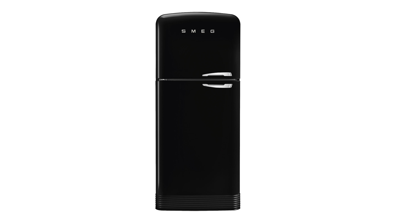 A front view of the Smeg 50s Style 524L Top Mount Fridge Freezer in black finish