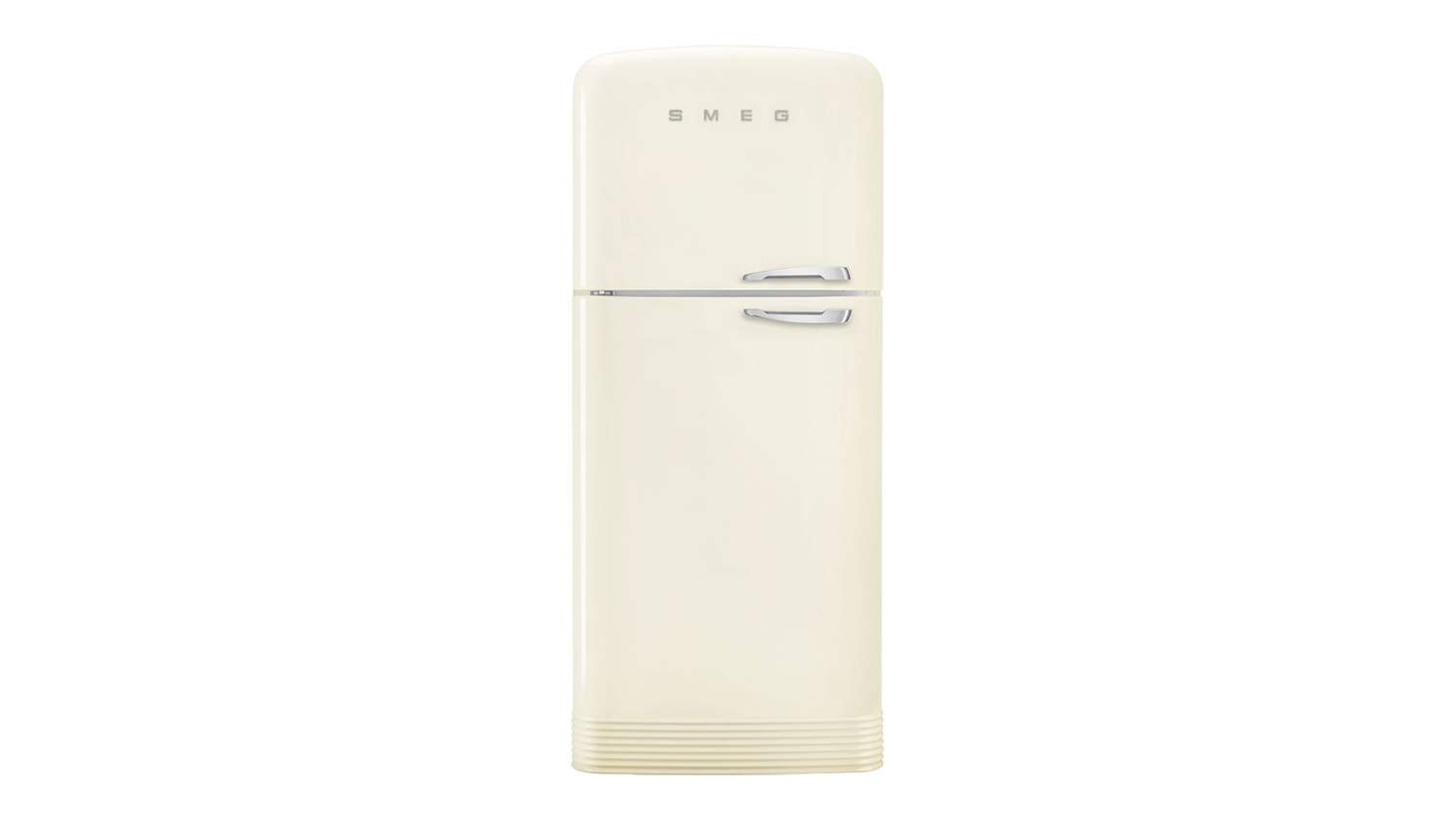 A front view of the Smeg 50s Style 524L Top Mount Fridge Freezer in cream finish