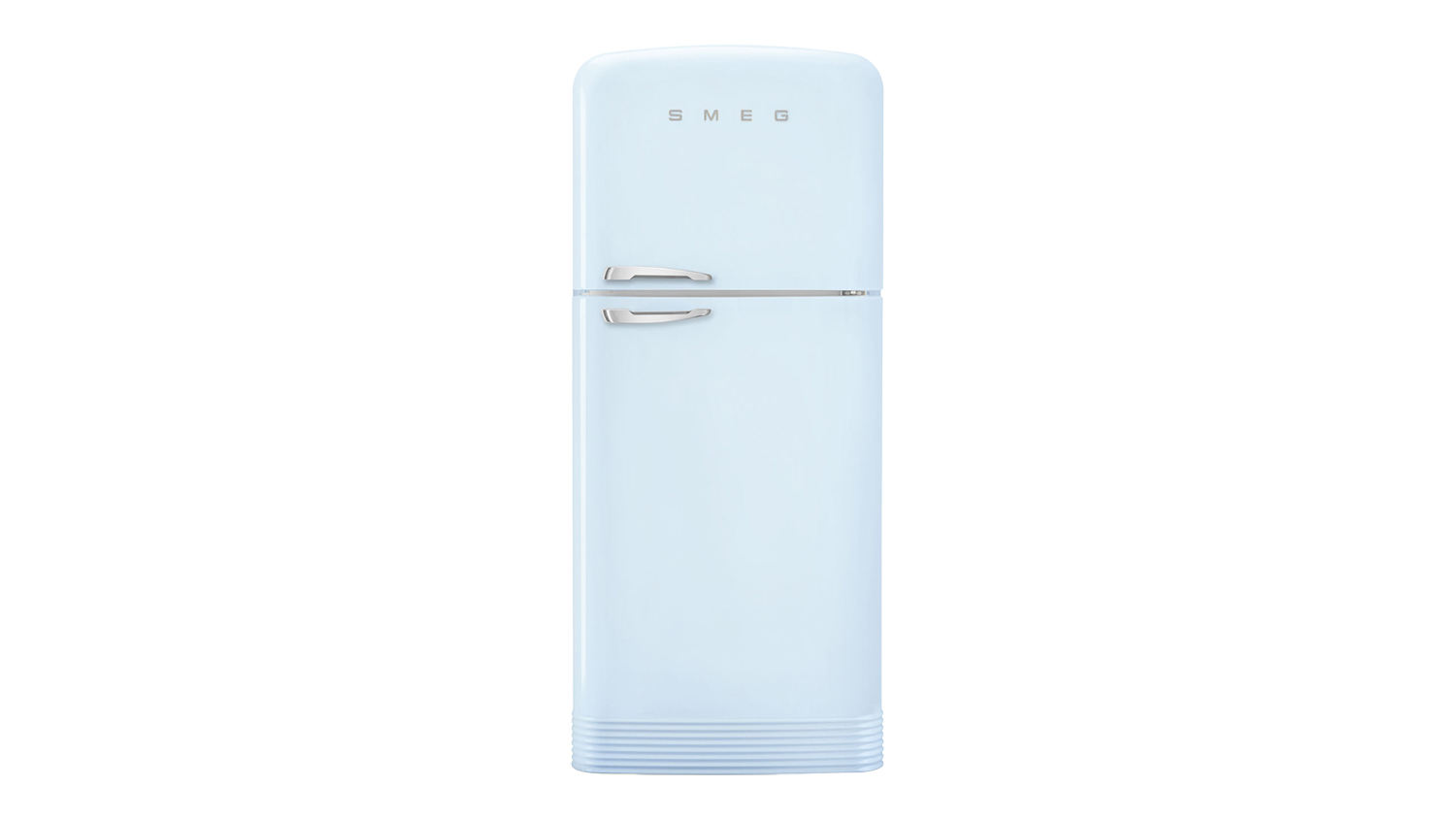 A front view of the Smeg 50s Style 524L Top Mount Fridge Freezer in pastel blue finish