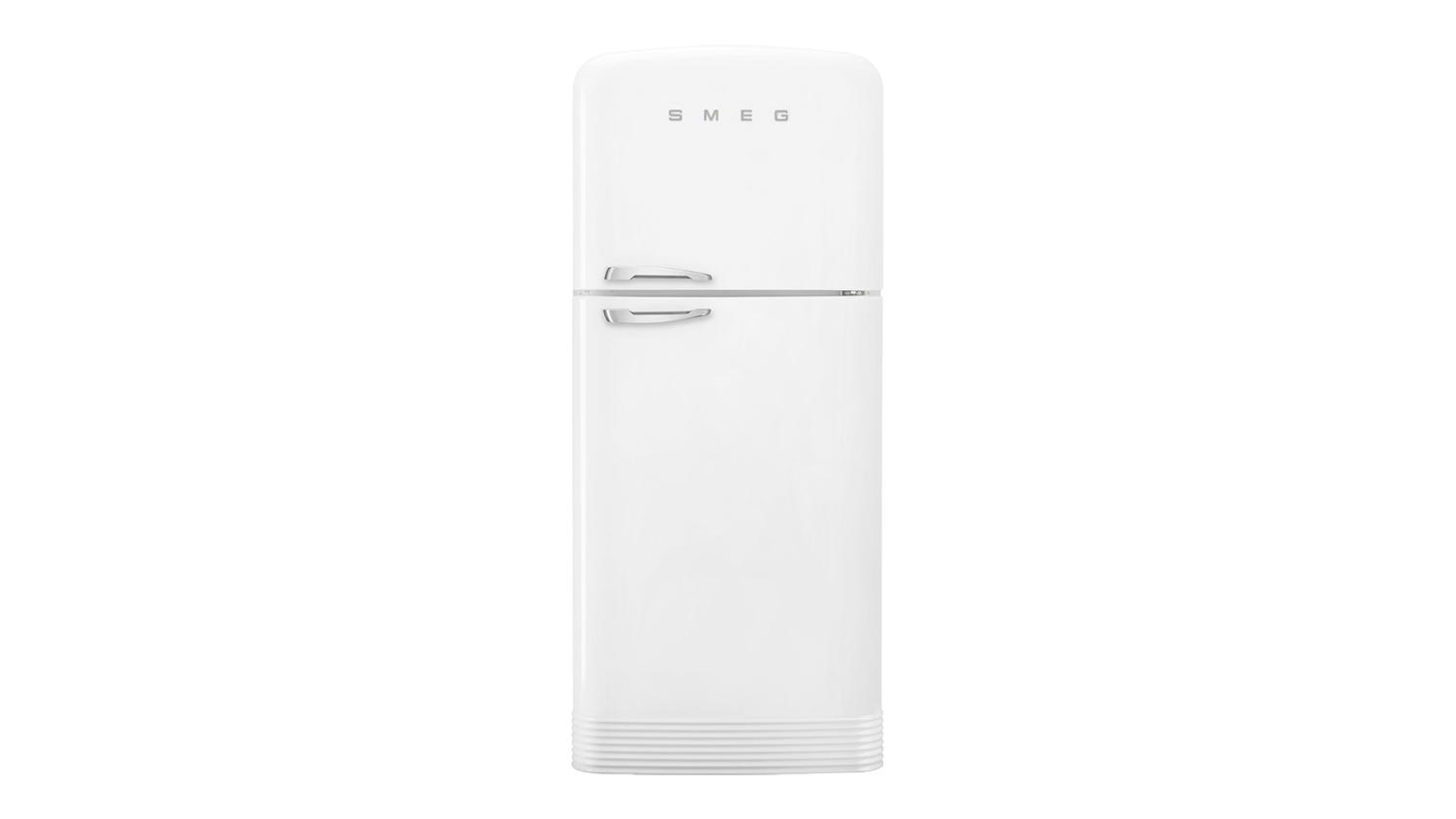 A front view of the Smeg 50s Style 524L Top Mount Fridge Freezer in white finish
