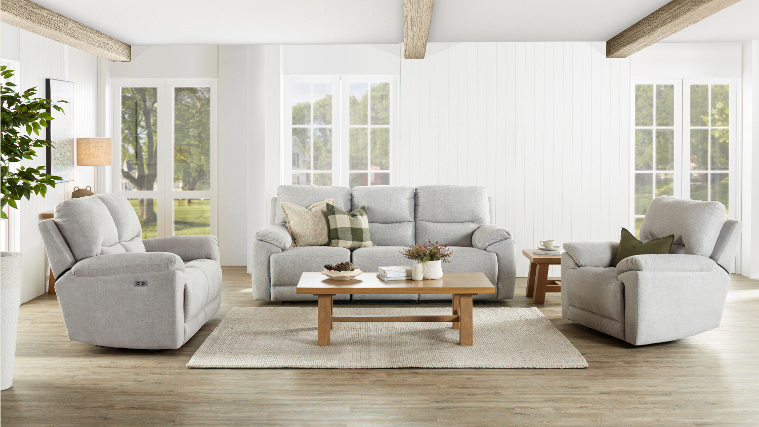 Living room set featuring the Featherstone fabric recliner, a 3-seater sofa, and a 2-seater couch