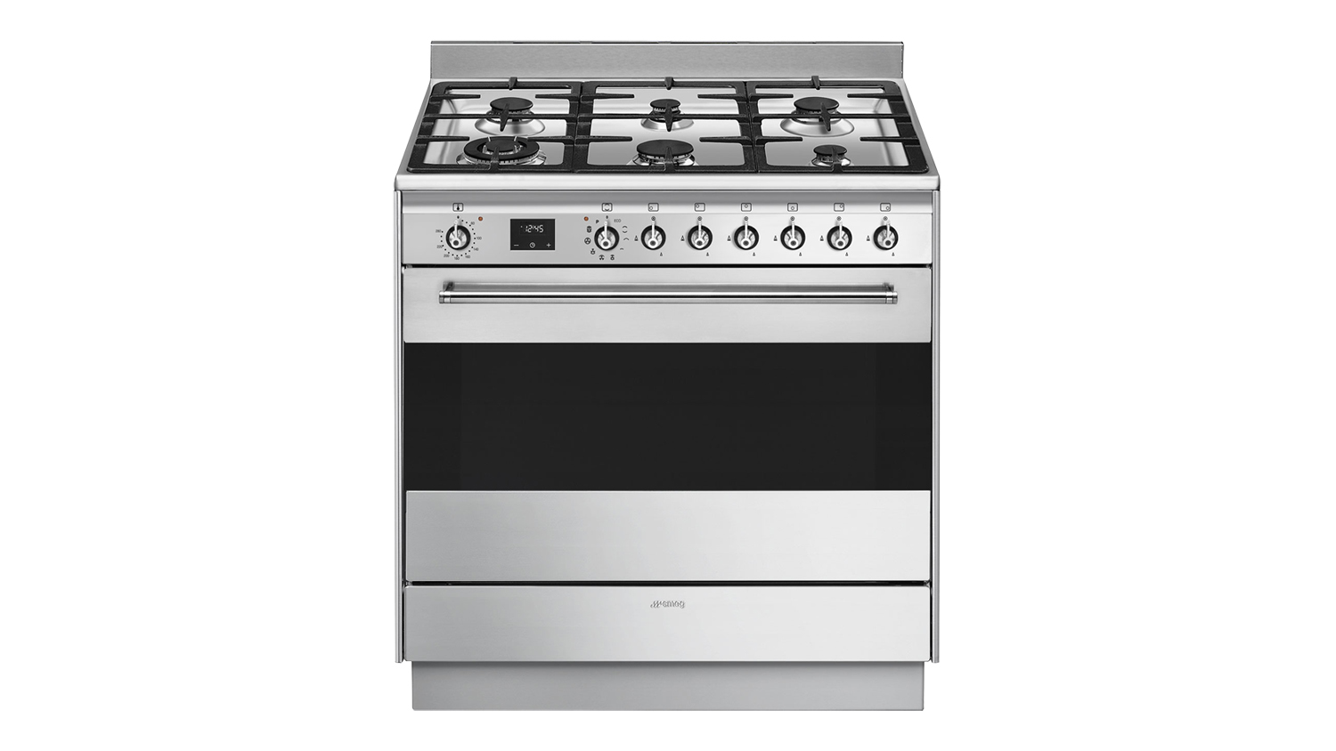 Front view of Smeg Classic 90cm Dual Fuel Freestanding Oven with 6 Burner Gas Cooktop in stainless steel finish