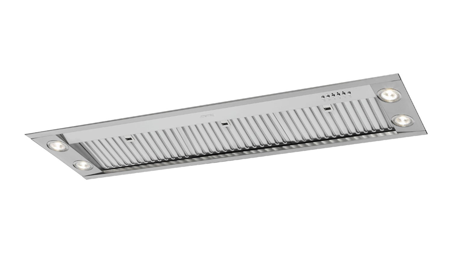 Stainless steel Smeg 120cm undermount rangehood with mesh filters and four built-in lights