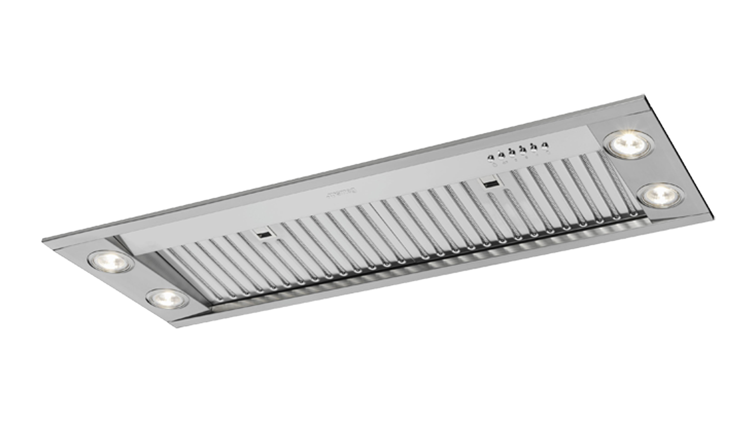 An underside view of the Smeg 90cm Non-Silent Undermount Rangehood with Onboard Motor in stainless steel finish