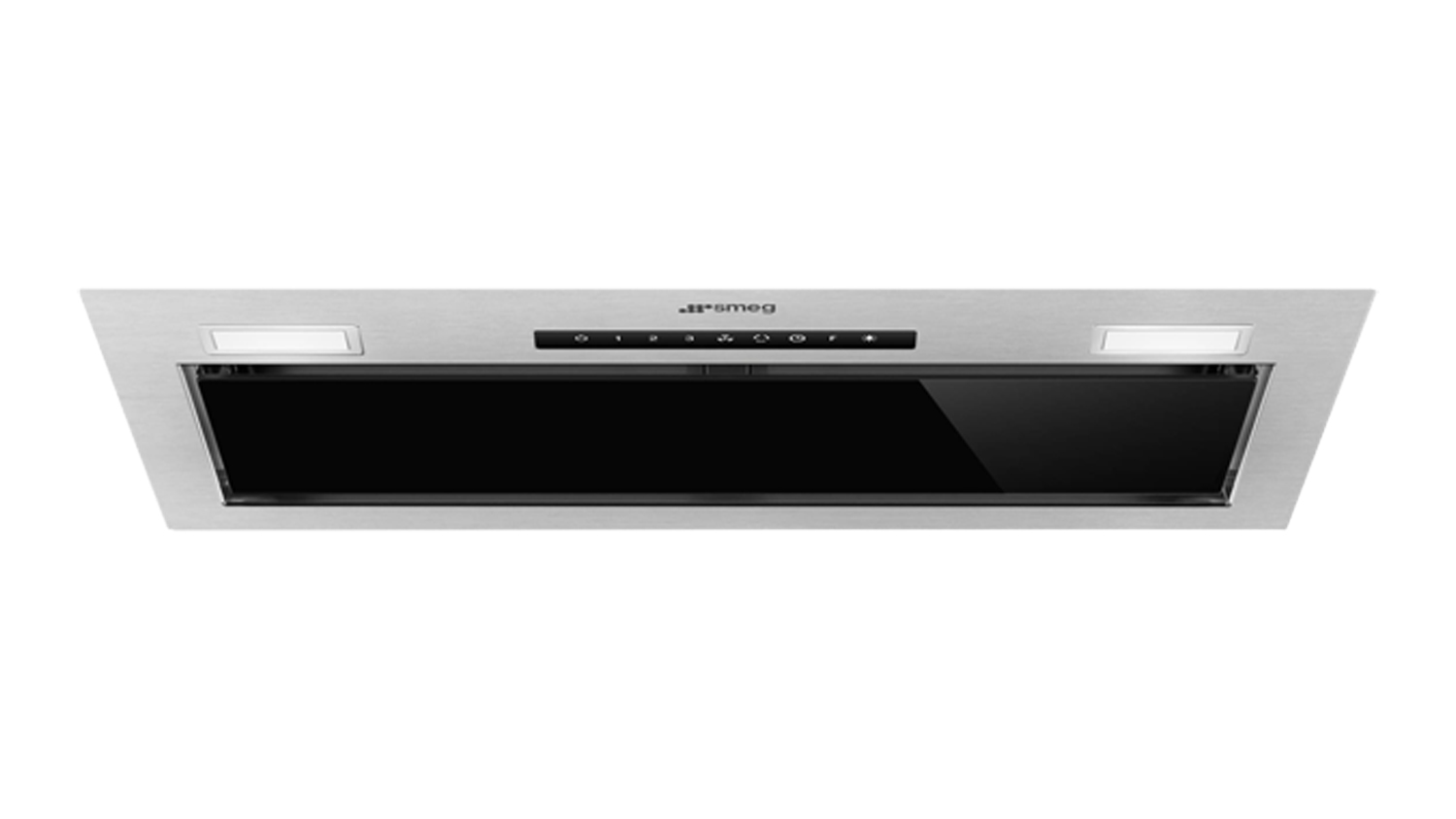 Stainless steel Smeg 60 cm non-silent undermount range hood with a black glass panel, touch controls, and built-in lights