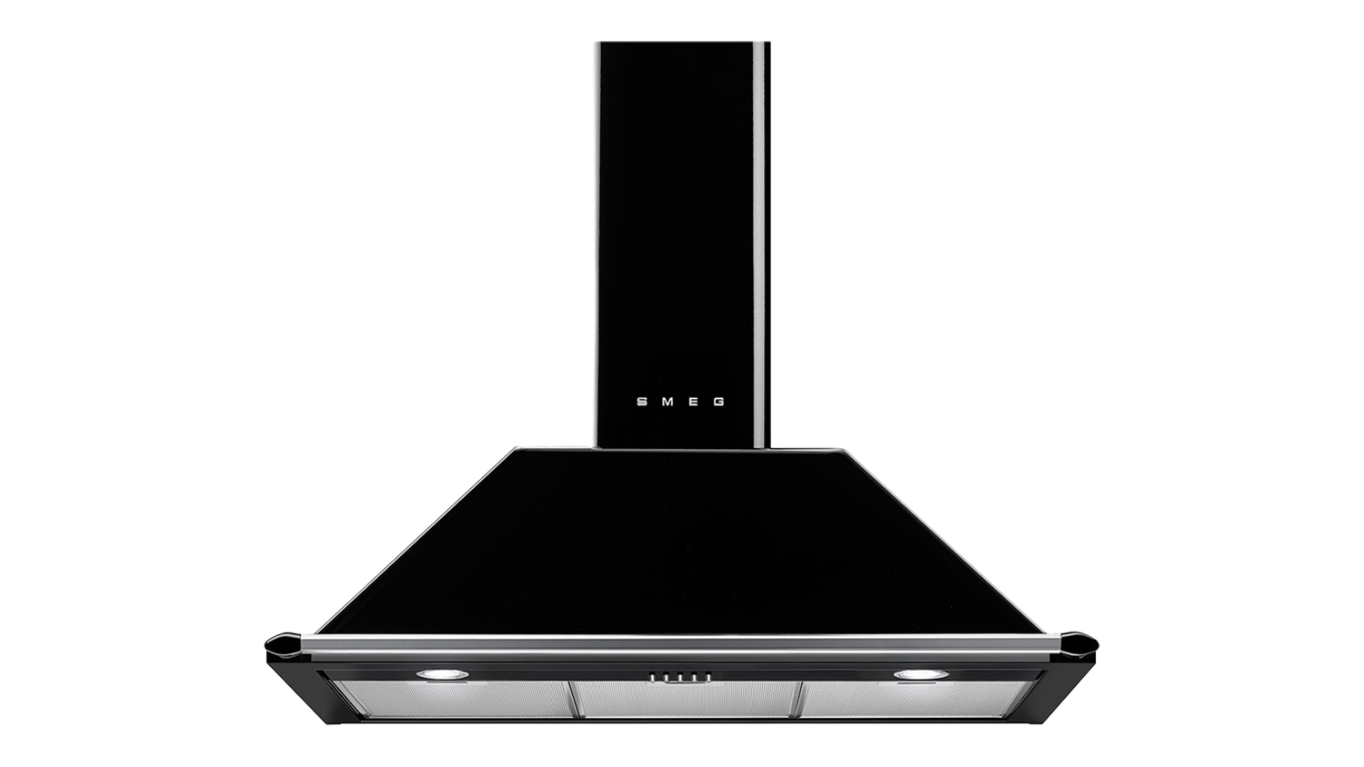 A front view of the Smeg Victoria 90cm Non-Silent Wall Mounted Rangehood with Onboard Motor in black finish