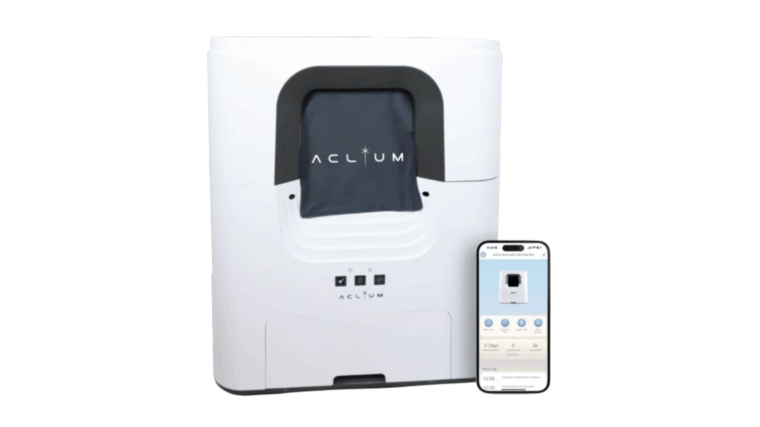 Aclium Automatic Litter Box with smart app control displayed on smartphone screen