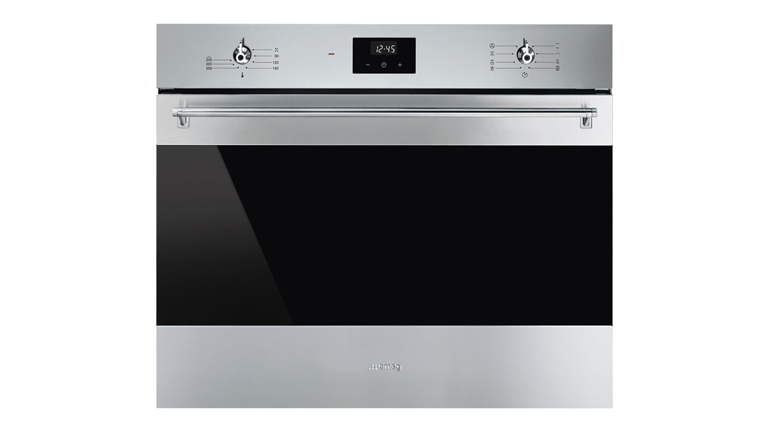 Stainless steel Smeg Classic 70 cm built-in oven with a digital display, two control knobs, and a black glass door, with the brand name visible at the bottom
