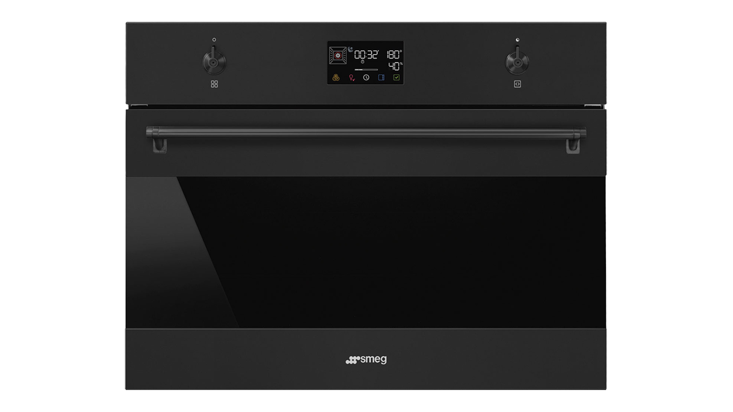 Front view of a Smeg 45cm compact combi steam oven in matte black, built-in style