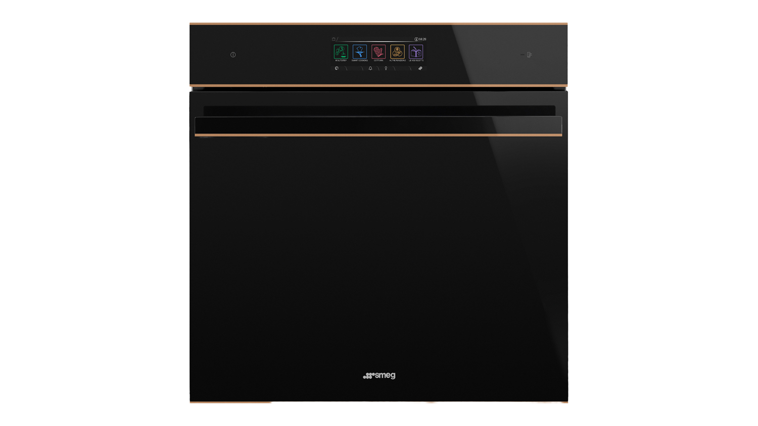 Closed oven front view with sleek black panel and digital display