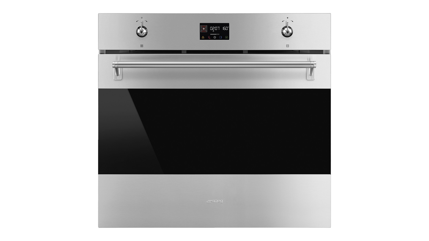 Stainless steel Smeg Classic 76 cm built-in oven with a digital display, two knobs, and a black glass door