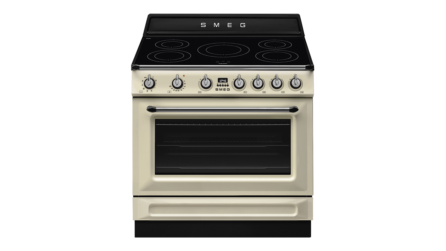 Front view of the Smeg Victoria 90cm Freestanding Oven with 5-zone induction cooktop in cream colour