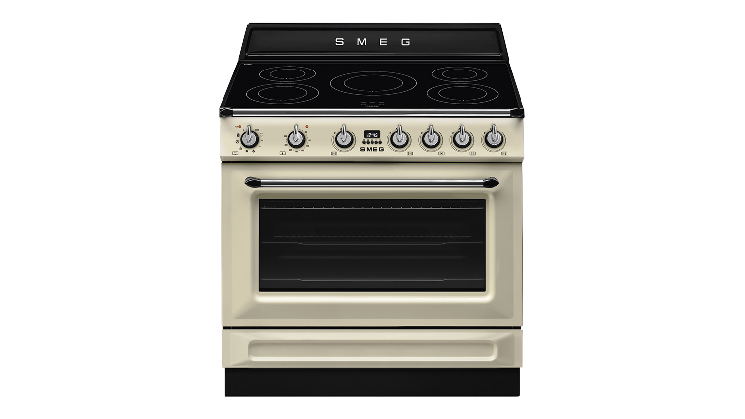 Front view of the Smeg Victoria 90cm Freestanding Oven with 5-zone induction cooktop in cream colour