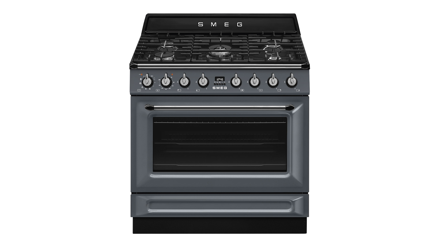 Front view of the Smeg Victoria 90cm Dual Fuel Freestanding Oven with five burners cooktop in slate grey colour